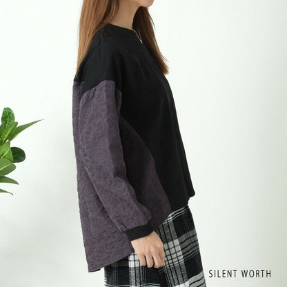 【Mサイズ】ふくれジャカード配色プルオーバー｜異素材切替・体型カバー・長袖トップス・秋冬・Z-093