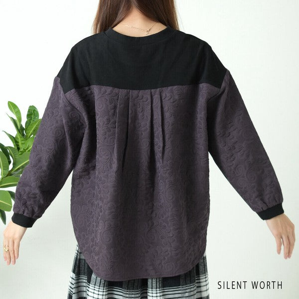 【Mサイズ】ふくれジャカード配色プルオーバー｜異素材切替・体型カバー・長袖トップス・秋冬・Z-093