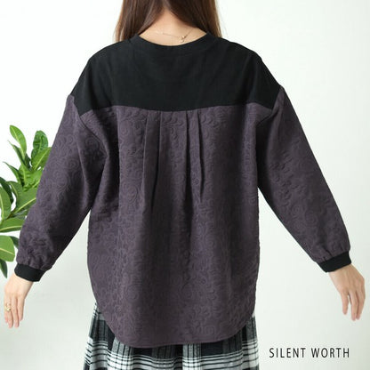 【Mサイズ】ふくれジャカード配色プルオーバー｜異素材切替・体型カバー・長袖トップス・秋冬・Z-093