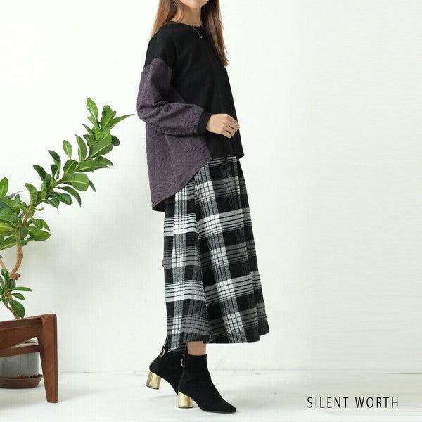 【Mサイズ】ふくれジャカード配色プルオーバー｜異素材切替・体型カバー・長袖トップス・秋冬・Z-093