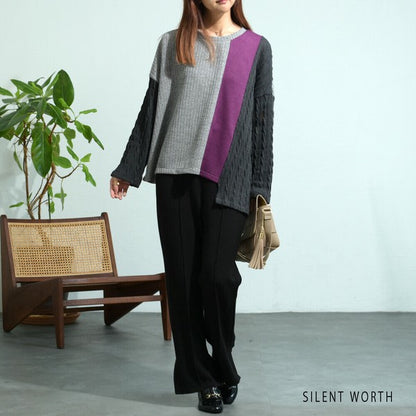 【M〜L】異素材配色デザイン アシメ切替プルオーバー｜ゆったり体型カバー カジュアルトップス Z-094