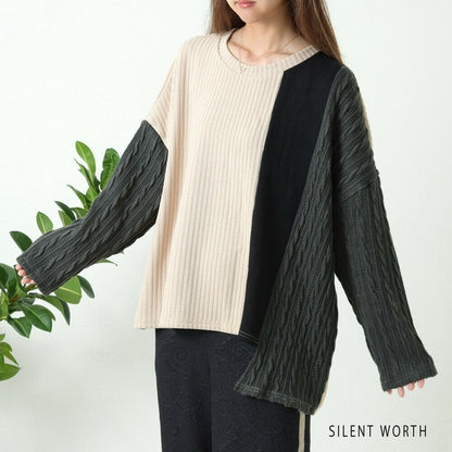 【M〜L】異素材配色デザイン アシメ切替プルオーバー｜ゆったり体型カバー カジュアルトップス Z-094