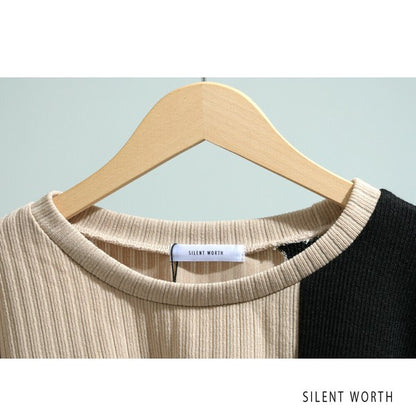 【M〜L】異素材配色デザイン アシメ切替プルオーバー｜ゆったり体型カバー カジュアルトップス Z-094