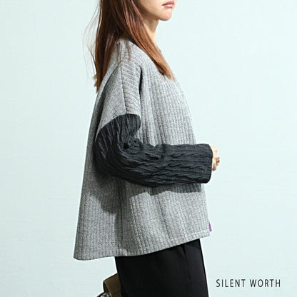 【M〜L】異素材配色デザイン アシメ切替プルオーバー｜ゆったり体型カバー カジュアルトップス Z-094