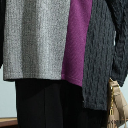 【M〜L】異素材配色デザイン アシメ切替プルオーバー｜ゆったり体型カバー カジュアルトップス Z-094