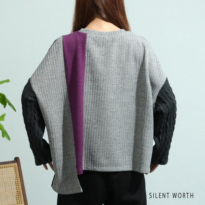 【M〜L】異素材配色デザイン アシメ切替プルオーバー｜ゆったり体型カバー カジュアルトップス Z-094