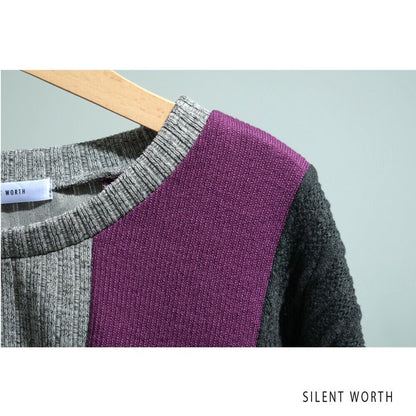 【M〜L】異素材配色デザイン アシメ切替プルオーバー｜ゆったり体型カバー カジュアルトップス Z-094