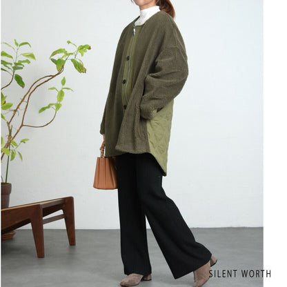 【Mサイズ】キルティング×ボアジャケット｜軽量あったか・ノーカラー・ゆったりシルエット・SILENT WORTH C-3189