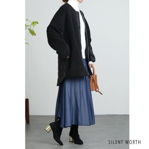 【Mサイズ】キルティング×ボアジャケット｜軽量あったか・ノーカラー・ゆったりシルエット・SILENT WORTH C-3189