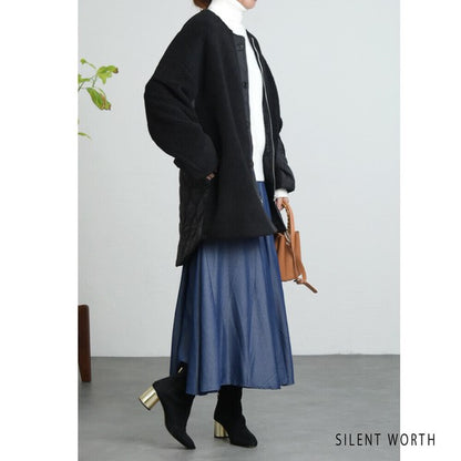 【Mサイズ】キルティング×ボアジャケット｜軽量あったか・ノーカラー・ゆったりシルエット・SILENT WORTH C-3189