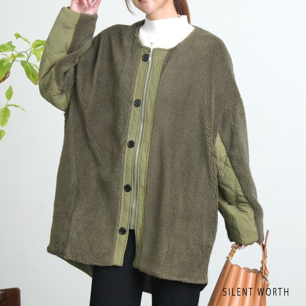 【Mサイズ】キルティング×ボアジャケット｜軽量あったか・ノーカラー・ゆったりシルエット・SILENT WORTH C-3189