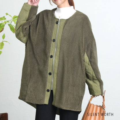 【Mサイズ】キルティング×ボアジャケット｜軽量あったか・ノーカラー・ゆったりシルエット・SILENT WORTH C-3189