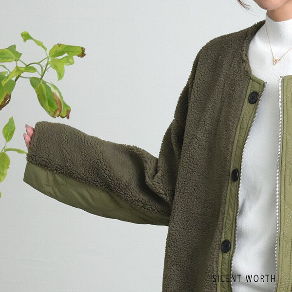 【Mサイズ】キルティング×ボアジャケット｜軽量あったか・ノーカラー・ゆったりシルエット・SILENT WORTH C-3189