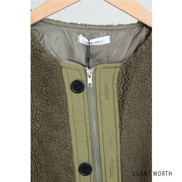 【Mサイズ】キルティング×ボアジャケット｜軽量あったか・ノーカラー・ゆったりシルエット・SILENT WORTH C-3189