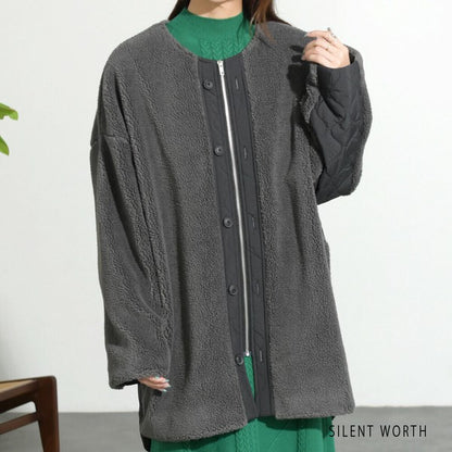 【Mサイズ】キルティング×ボアジャケット｜軽量あったか・ノーカラー・ゆったりシルエット・SILENT WORTH C-3189