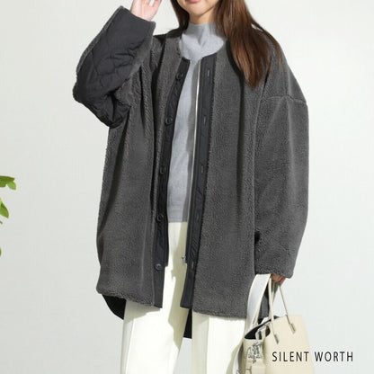 【Mサイズ】キルティング×ボアジャケット｜軽量あったか・ノーカラー・ゆったりシルエット・SILENT WORTH C-3189