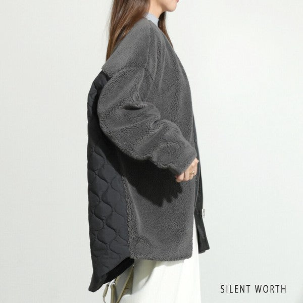 【Mサイズ】キルティング×ボアジャケット｜軽量あったか・ノーカラー・ゆったりシルエット・SILENT WORTH C-3189