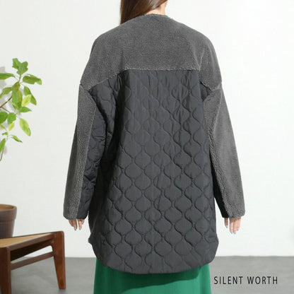 【Mサイズ】キルティング×ボアジャケット｜軽量あったか・ノーカラー・ゆったりシルエット・SILENT WORTH C-3189
