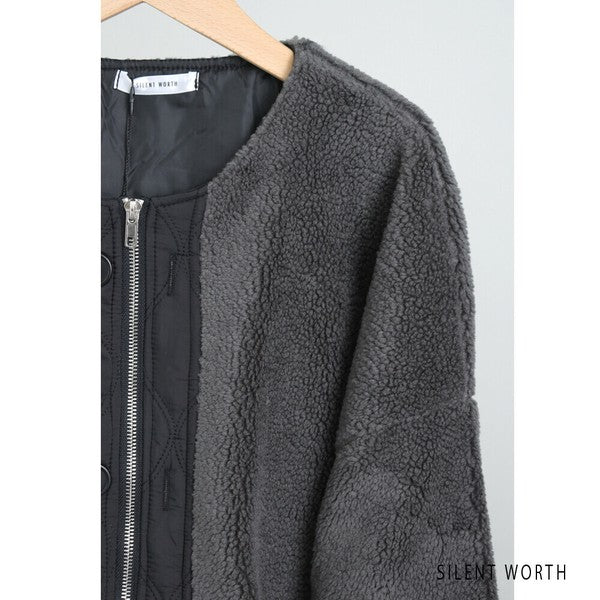 【Mサイズ】キルティング×ボアジャケット｜軽量あったか・ノーカラー・ゆったりシルエット・SILENT WORTH C-3189