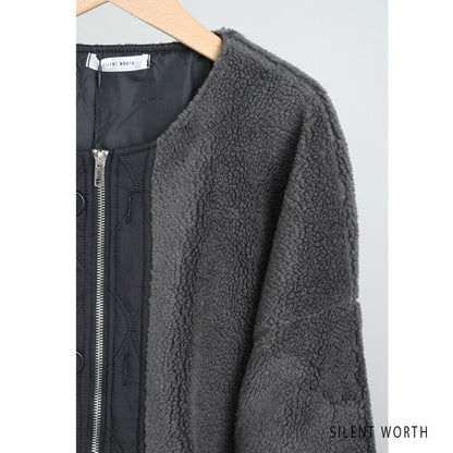 【Mサイズ】キルティング×ボアジャケット｜軽量あったか・ノーカラー・ゆったりシルエット・SILENT WORTH C-3189