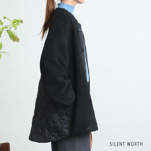 【Mサイズ】キルティング×ボアジャケット｜軽量あったか・ノーカラー・ゆったりシルエット・SILENT WORTH C-3189