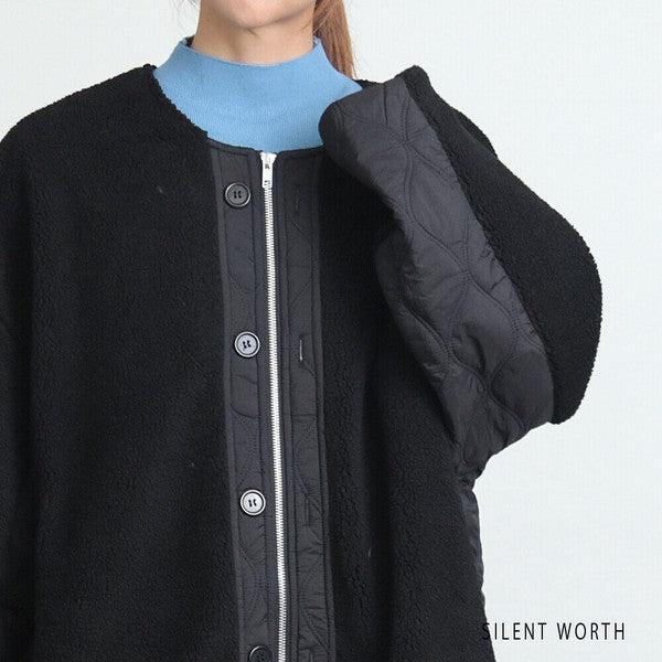 【Mサイズ】キルティング×ボアジャケット｜軽量あったか・ノーカラー・ゆったりシルエット・SILENT WORTH C-3189