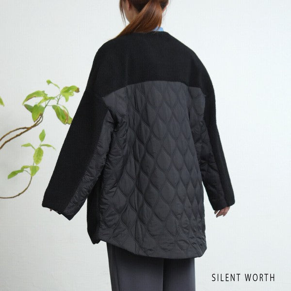 【Mサイズ】キルティング×ボアジャケット｜軽量あったか・ノーカラー・ゆったりシルエット・SILENT WORTH C-3189