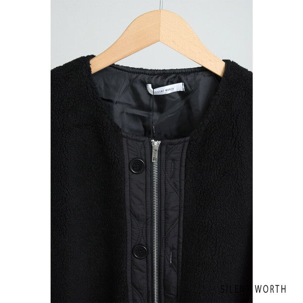 【Mサイズ】キルティング×ボアジャケット｜軽量あったか・ノーカラー・ゆったりシルエット・SILENT WORTH C-3189