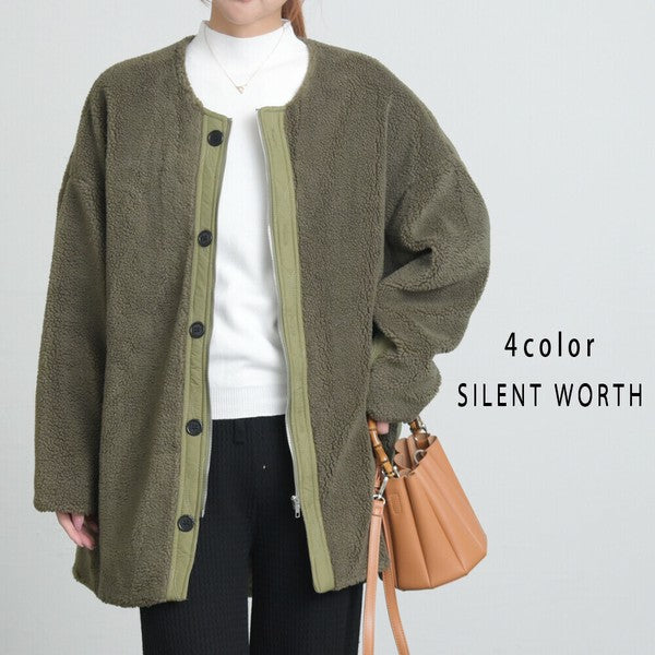 【Mサイズ】キルティング×ボアジャケット｜軽量あったか・ノーカラー・ゆったりシルエット・SILENT WORTH C-3189