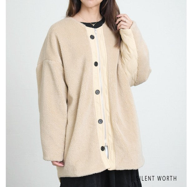 【Mサイズ】キルティング×ボアジャケット｜軽量あったか・ノーカラー・ゆったりシルエット・SILENT WORTH C-3189