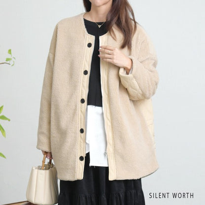【Mサイズ】キルティング×ボアジャケット｜軽量あったか・ノーカラー・ゆったりシルエット・SILENT WORTH C-3189
