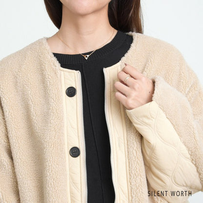 【Mサイズ】キルティング×ボアジャケット｜軽量あったか・ノーカラー・ゆったりシルエット・SILENT WORTH C-3189