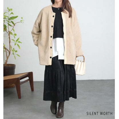 【Mサイズ】キルティング×ボアジャケット｜軽量あったか・ノーカラー・ゆったりシルエット・SILENT WORTH C-3189