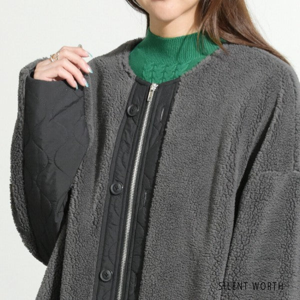 【Mサイズ】キルティング×ボアジャケット｜軽量あったか・ノーカラー・ゆったりシルエット・SILENT WORTH C-3189
