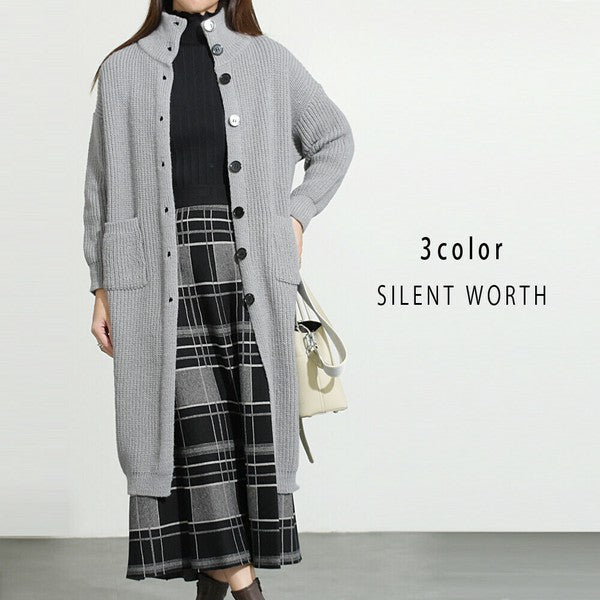 【Mサイズ】畦編みロングニットカーディガン｜SILENT WORTH レディース 羽織り 秋冬 長袖 ロング丈 N-2963
