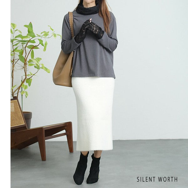 【Mサイズ】起毛レース切替プルオーバー｜レース袖・ハイネック・レイヤード対応・SILENT WORTH C-3203