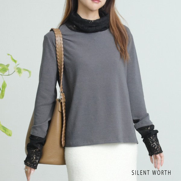 【Mサイズ】起毛レース切替プルオーバー｜レース袖・ハイネック・レイヤード対応・SILENT WORTH C-3203