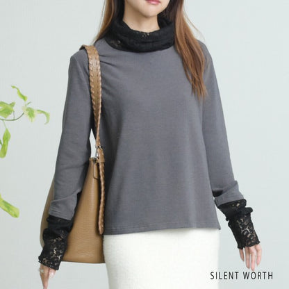 【Mサイズ】起毛レース切替プルオーバー｜レース袖・ハイネック・レイヤード対応・SILENT WORTH C-3203