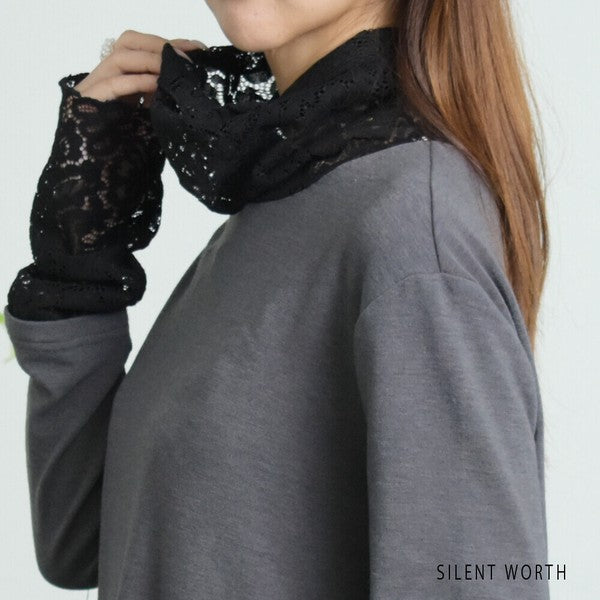 【Mサイズ】起毛レース切替プルオーバー｜レース袖・ハイネック・レイヤード対応・SILENT WORTH C-3203