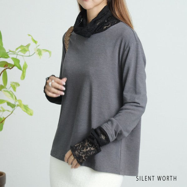【Mサイズ】起毛レース切替プルオーバー｜レース袖・ハイネック・レイヤード対応・SILENT WORTH C-3203