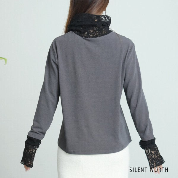 【Mサイズ】起毛レース切替プルオーバー｜レース袖・ハイネック・レイヤード対応・SILENT WORTH C-3203