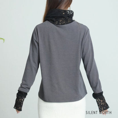 【Mサイズ】起毛レース切替プルオーバー｜レース袖・ハイネック・レイヤード対応・SILENT WORTH C-3203