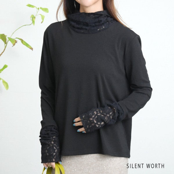 【Mサイズ】起毛レース切替プルオーバー｜レース袖・ハイネック・レイヤード対応・SILENT WORTH C-3203