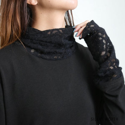 【Mサイズ】起毛レース切替プルオーバー｜レース袖・ハイネック・レイヤード対応・SILENT WORTH C-3203