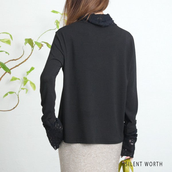 【Mサイズ】起毛レース切替プルオーバー｜レース袖・ハイネック・レイヤード対応・SILENT WORTH C-3203