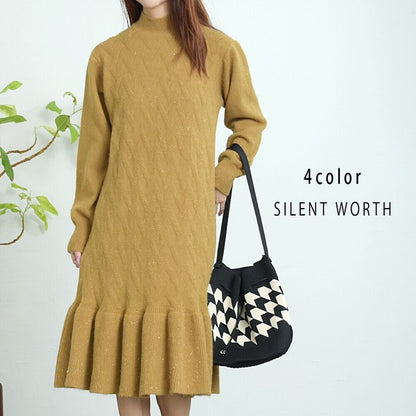 【Mサイズ】リブフレア切替ラメニットワンピース｜裾フレア・きれいめシルエット・ラメ入り｜SILENT WORTH N-3015