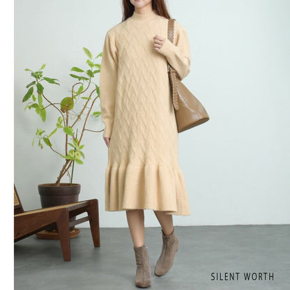 【Mサイズ】リブフレア切替ラメニットワンピース｜裾フレア・きれいめシルエット・ラメ入り｜SILENT WORTH N-3015