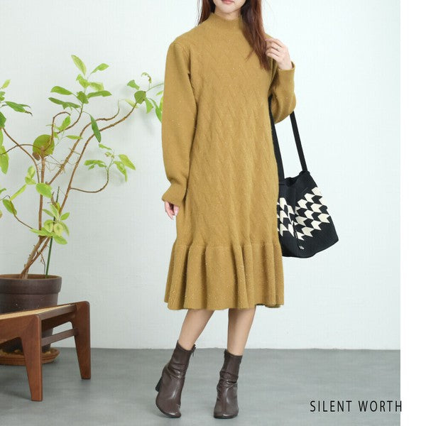 【Mサイズ】リブフレア切替ラメニットワンピース｜裾フレア・きれいめシルエット・ラメ入り｜SILENT WORTH N-3015