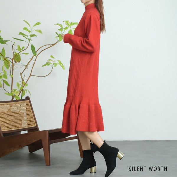 【Mサイズ】リブフレア切替ラメニットワンピース｜裾フレア・きれいめシルエット・ラメ入り｜SILENT WORTH N-3015