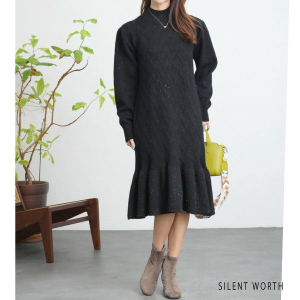 【Mサイズ】リブフレア切替ラメニットワンピース｜裾フレア・きれいめシルエット・ラメ入り｜SILENT WORTH N-3015